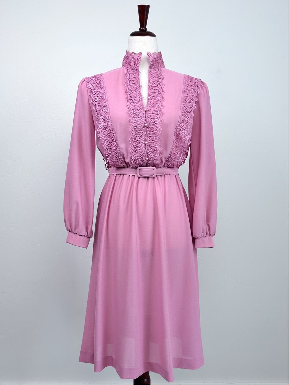 Vintage '70s Edwardian Revival Pink Lace Romantic High-Neck Mini Dress XS/S
